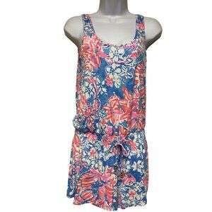 Lilly Pulitzer Women's Blue Tropical Floral Belted Sleeveless Romper Size Small